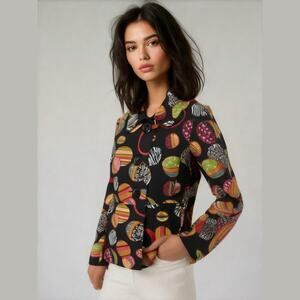 Acorn Black Colorful Fun Mixed Print Ball Shapes Long Sleeve Lined Jacket M